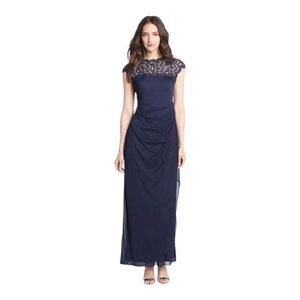NWT Alex‎ Evenings Lace Ruffle Column Gown in Navy Size 6